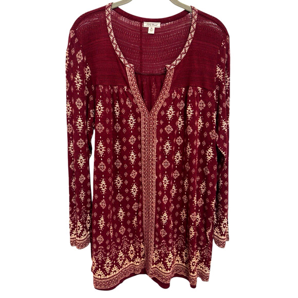Lucky Brand Women's XL Knit Peasant Top Burgundy Red Embroidered V-Neck Boho - Picture 1 of 9